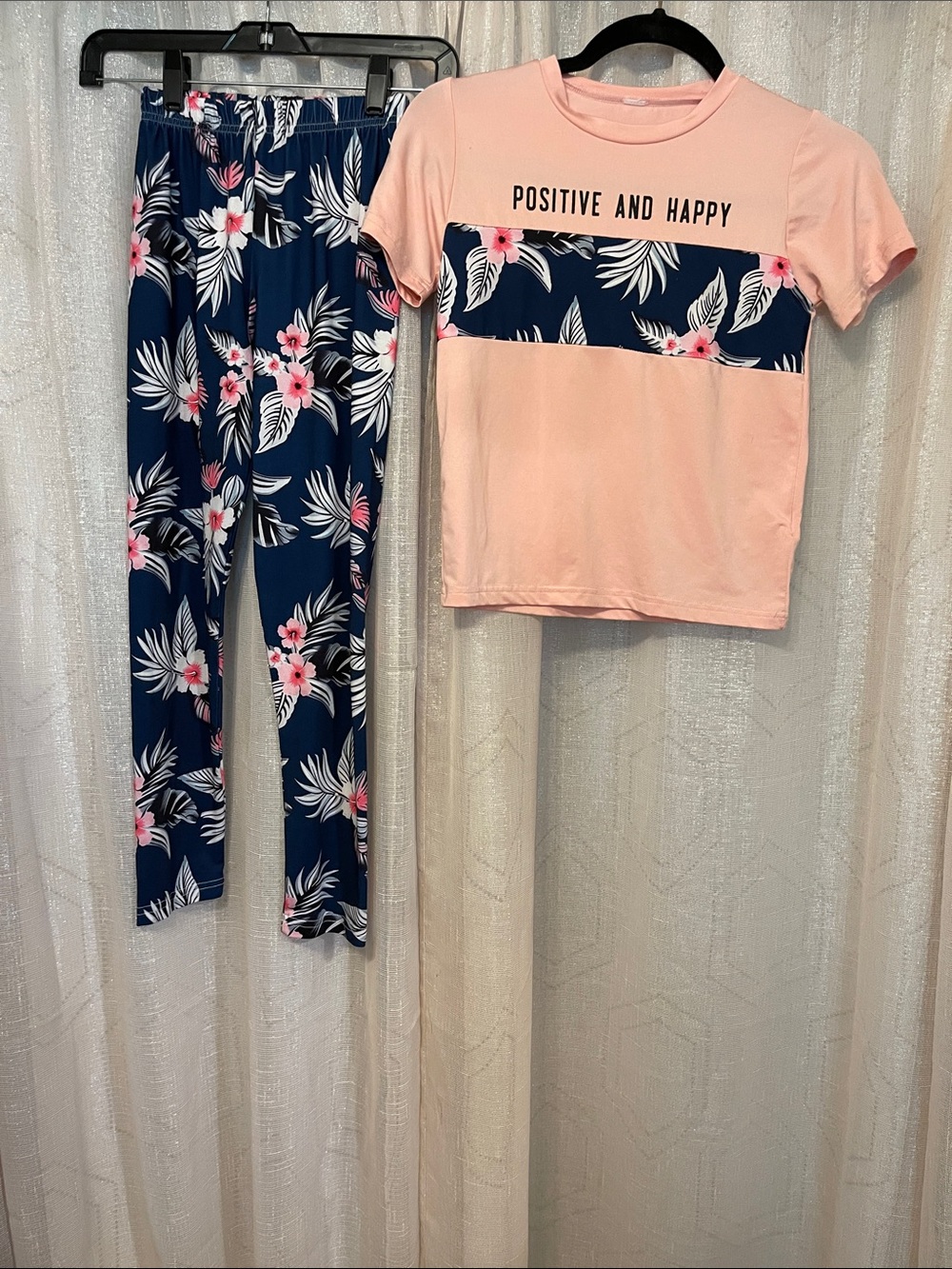 Girls Pink & Navy Floral 'Positive and Happy' 2pc Pants Set Neon